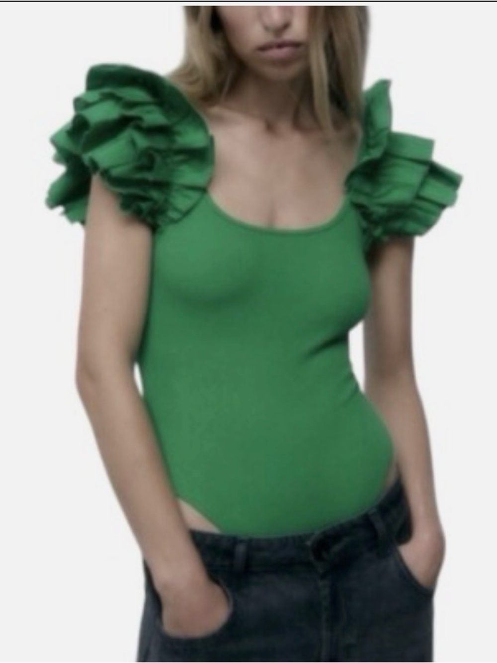 Zara Cotton Ribbed Green Ruffle Sleeve Bodysuit size medium